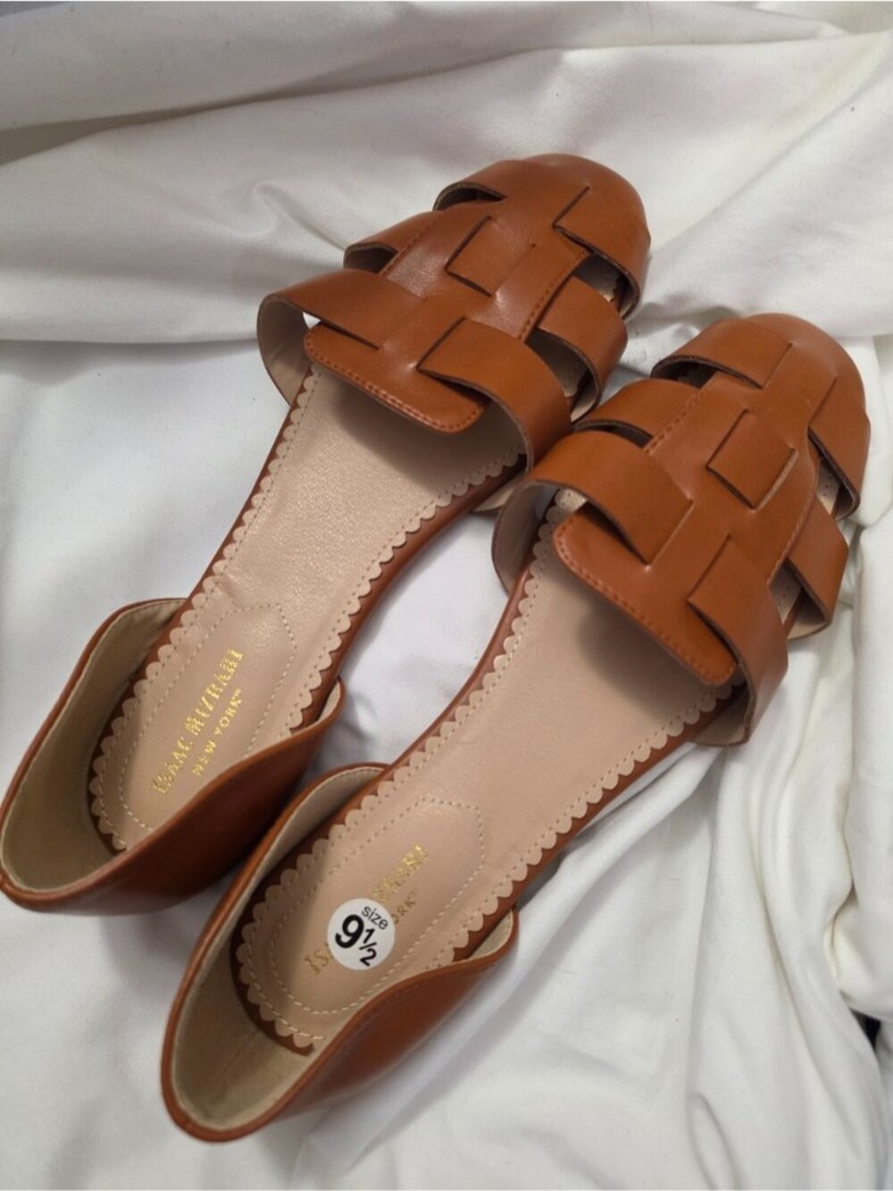 Faux Leather Huarache Slide Flats in Tan Size 9.5